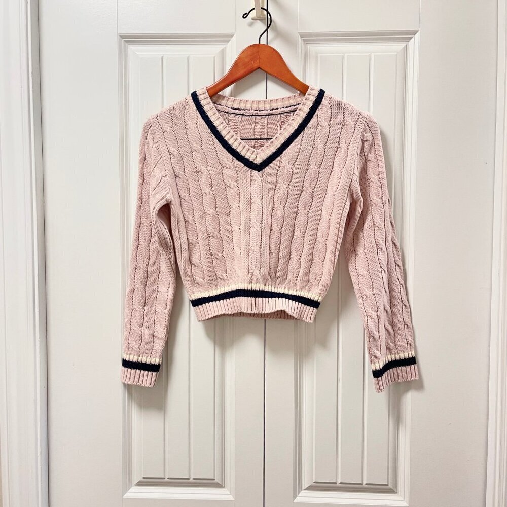 Cropped Cable Knit V-Neck Sweater Pink Navy - XS